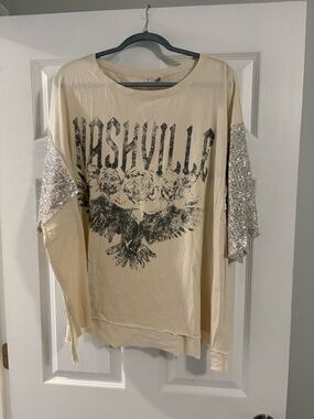 ARULA Beige "Nashville" Graphic Long Sleeve Tee with Sequin Sleeves